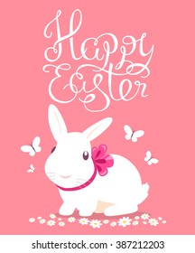 Vector colorful illustration of Happy Easter greetings with white bunny on pink background. Line art design for web, site, banner, poster, card, paper print, postcard.