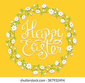 Vector colorful illustration of Happy Easter greetings with text in flower circle on yellow background. Line art design for web, site, banner, poster, card, paper print, postcard.