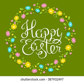 Vector colorful illustration of Happy Easter greetings with text in flower circle on green background. Line art design for web, site, banner, poster, card, paper print, postcard.