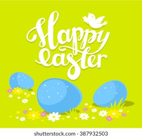 Vector colorful illustration of Happy Easter greetings with three blue eggs in grass on green background. Line art design for web, site, banner, poster, card, paper print, postcard.
