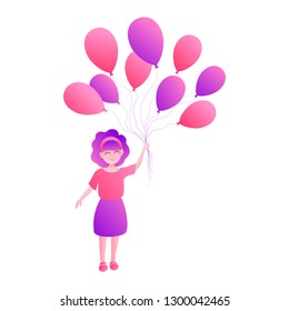 Vector colorful illustration with happy little girl with bunch of balloons isolated on the white background.