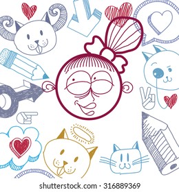 Vector colorful illustration of happy smiling cartoon girl isolated on special background with hand drawn design elements, social interaction idea. Facial expressions on woman face. 