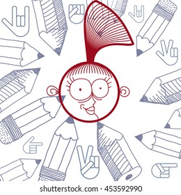 Vector colorful illustration of happy smiling cartoon girl isolated on special background with hand drawn pencils, education idea. Facial expressions on woman face. 