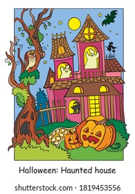 Vector colorful illustration haunted house and scary tree and pumpkin. Halloween concept. Cartoon illustration isolated on white. For coloring book for children, preschool education, print and game.