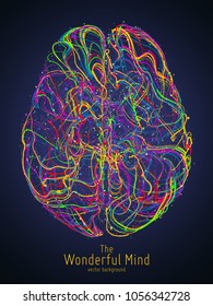 Vector colorful illustration of human brain with synapses. Conceptual image of idea birth, creative imagination or artificial intelligence. Net of lines forms brain structure. Futuristic mind scan.
