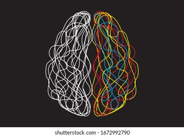 Vector colorful illustration of human brain with synapses. Conceptual image of idea birth, creative imagination or artificial intelligence. Net of lines forms brain structur