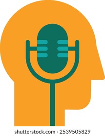 Vector colorful illustration of a human profile with a microphone in a flat style. The power of voice and communication in the digital age. Symbol of online platform for podcasting or studio,