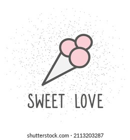 Vector colorful illustration of ice cream. Valentines day concept. Flat style hand drawn line art design of ice cream for card, poster