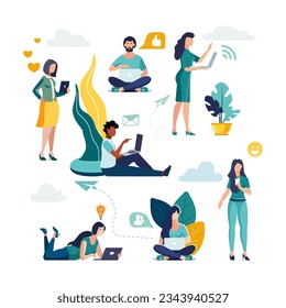 Vector colorful illustration of internet communication, social network, chat, video, news, message, website, find friends, mobile web vector. Young business people at home, guys, man, girls chatting