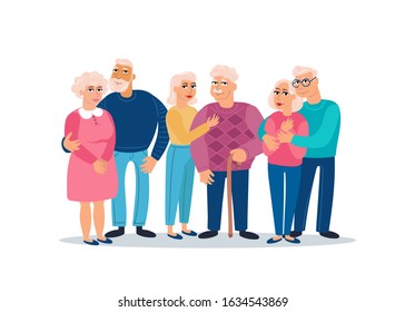 Vector colorful illustration with isolated group of aged people on white background. Cartoon flat characters of men and women. Illustration on the theme of happy old age