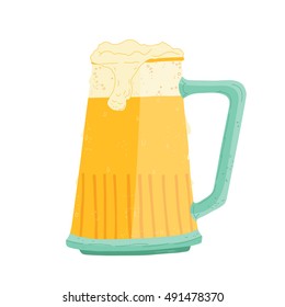 Vector colorful illustration with isolated pint of beer  on white background. Big beer glass mug with foam. Light craft Beer. Design for t-shirt, print or card for brewers on Oktoberfest.