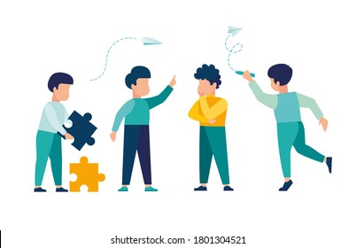 Vector colorful illustration, kids team communication, planning and concept development, brainstorming, team thinking