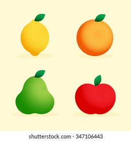 Vector colorful illustration of lemon, orange, green pear, red apple. Set of fruits. Icons for cooking, restaurant menu and vegetarian or eco food. Healthy lifestyle illustration.