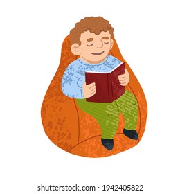 Vector colorful illustration of a little boy sitting on a bag chair and reads a book isolated on white background