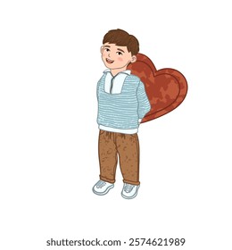 Vector Colorful Illustration of Little Boy Holds a Heart-Shaped Picture Behind His Back Isolated on White Background