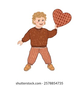 Vector Colorful Illustration of Little Boy Holds a Heart-Shaped Isolated on White Background