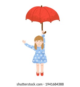 Vector colorful illustration of a little girl holds an red umbrella isolated on white background