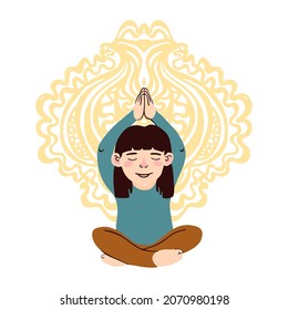 Vector colorful illustration of little girl doing yoga isolated on white background