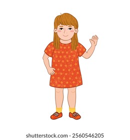 Vector Colorful Illustration of Little Girl in the Orange Dress Isolated on White Background