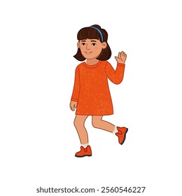 Vector Colorful Illustration of Little Girl in the Orange Dress Isolated on White Background