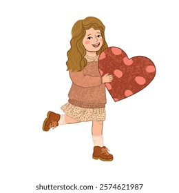 Vector Colorful Illustration of Little Girl Holds a Heart-Shaped Isolated on White Background