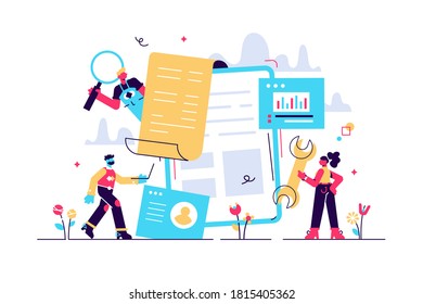 Vector colorful illustration, little people are engaged in the development of mobile applications, the process of building an interface, the software API