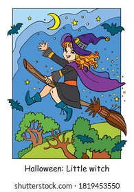 Vector colorful illustration little witch flying on broom. Halloween concept. Cartoon illustration isolated on white background. For coloring book for children, preschool education, print and game.