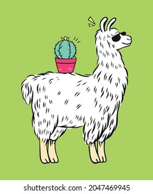 Vector colorful illustration of llama in cartoon style with cactus pot on the back.