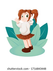 Vector colorful illustration with lovely cartoon character ginger girl. Digital hand drawn art, isolated layout design for print