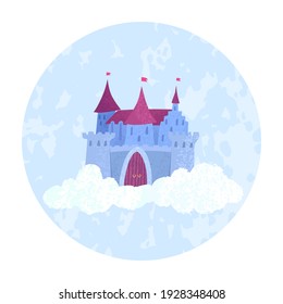 Vector Colorful Illustration Of Magical Fairy Princess Castle Floating In The Clouds On A Blue Round Background