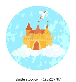 Vector colorful illustration of magical fairy princess castle floating in the clouds and Pegasus on a blue round background