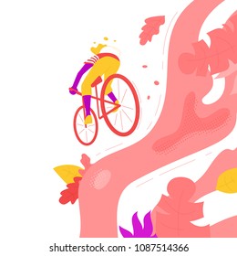 Vector colorful illustration of a man riding mountain bike. Summer background