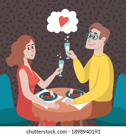 Vector colorful illustration with man and woman on a romantic date. Cartoon background on the theme of love, romance, relationship, valentine's day. Flat art for use in design