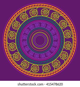 Vector colorful illustration of the mandala on the violet background. Bright vector circle with ethnic ornaments. Image for bohemian fabric, textile, fashion, web design, wallpaper, ethnic festival
