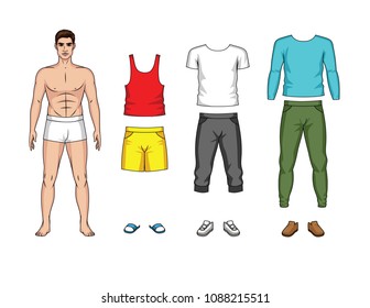 Vector colorful illustration of a man's paper doll with clothes for spring and summer time isolated from white background. Mens stylish casual outfit