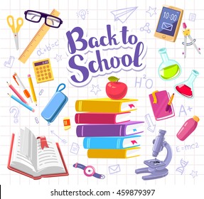 Vector colorful illustration with many school supplies on background of white sheet of school notebook into a cell with text back to school. Bright design for web, site, advertising, banner, poster