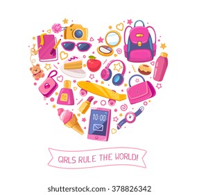 Vector colorful illustration of many young girl's items in heart shape on white background with ribbon and text. Art design for web,site,advertising,banner,poster,flyer,brochure,board,paper print