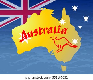 Vector colorful illustration with a map of Australia, calligraphy, kangaroo, Australian flag and sea