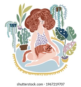 Vector colorful illustration of a melancholic red-haired girl playing with a cat in a room with plants. The design is perfect for postcards, advertisements, posters, t-shirts and hoodies