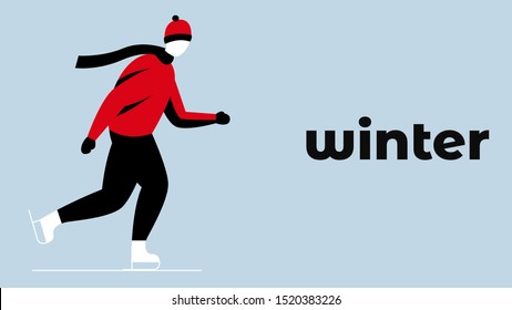 Vector colorful illustration of a men skating in an ice-rink in winter