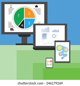 Vector Colorful Illustration  with Modern Electronic  Mobile Devices on Green and Blue  Background