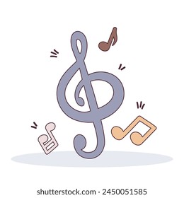 vector colorful illustration with musical notes and treble clef cartoon style