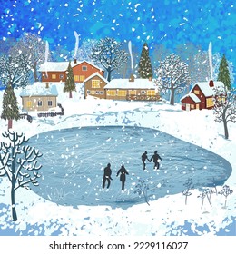 Vektorfarbige Illustration der Natur Winter ländlichen Landschaft gefrorenen Teich und Menschen Eislaufen mit einem Haus im skandinavischen Stil. Für Poster, Postkarten, Broschüren, Karten, Banner, Grafikdesign