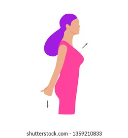 Vector colorful illustration. Neck and back exercises by girl for relax. Hands behind back taken to the lock. Chest pulls up. Creative concept. Pink and violet colors. White background