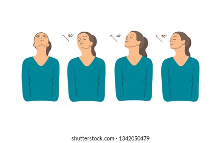 Vector colorful illustration. Neck exercises by girl for relax. Work with head. Turn and fix neck position. Creative concept. Blue and grey colors. White background