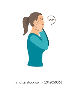 Vector colorful illustration. Neck exercises by girl for relax. Work with head and ear massage. Creative concept. Blue and grey colors. White background