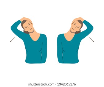 Vector colorful illustration. Neck exercises by girl for relax. Tilt head to the shoulder by hand. Then to other side. Creative concept. Blue and grey colors. White background