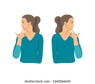 Vector colorful illustration. Neck exercises by girl for relax. Turn head to the shoulder and fix it by hand. Then to other side. Creative concept. Blue and grey colors. White background