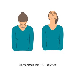 Vector colorful illustration. Neck exercises by girl for relax. Pull down your head and fix this. Then head back and fix this again.  Creative concept. Blue and grey colors. White background