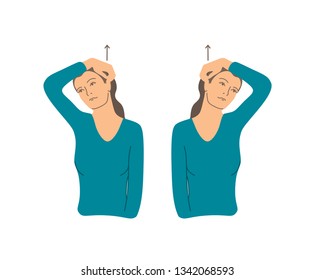 Vector colorful illustration. Neck exercises by girl for relax. Put your finger behind the ear and pull the head up. Creative concept. Blue and grey colors. White background